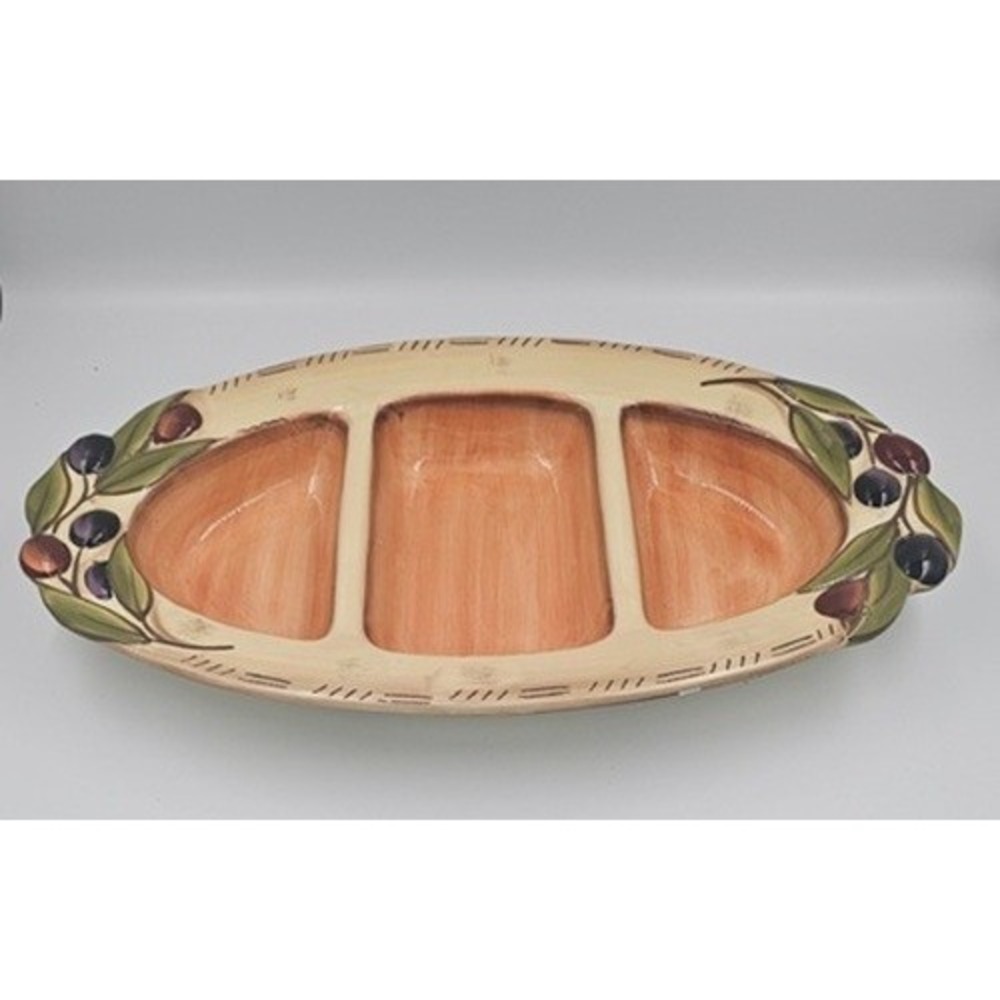 Clay Art "Oliva Italiana" Hand-Painted Oval 3-Way Divided Serving Platter